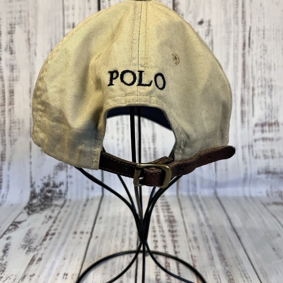 Vintage Polo Ralph Lauren Cotton Chino Khaki Tan Leather Buckle Strap Back Hat - Picture 4 of 8
